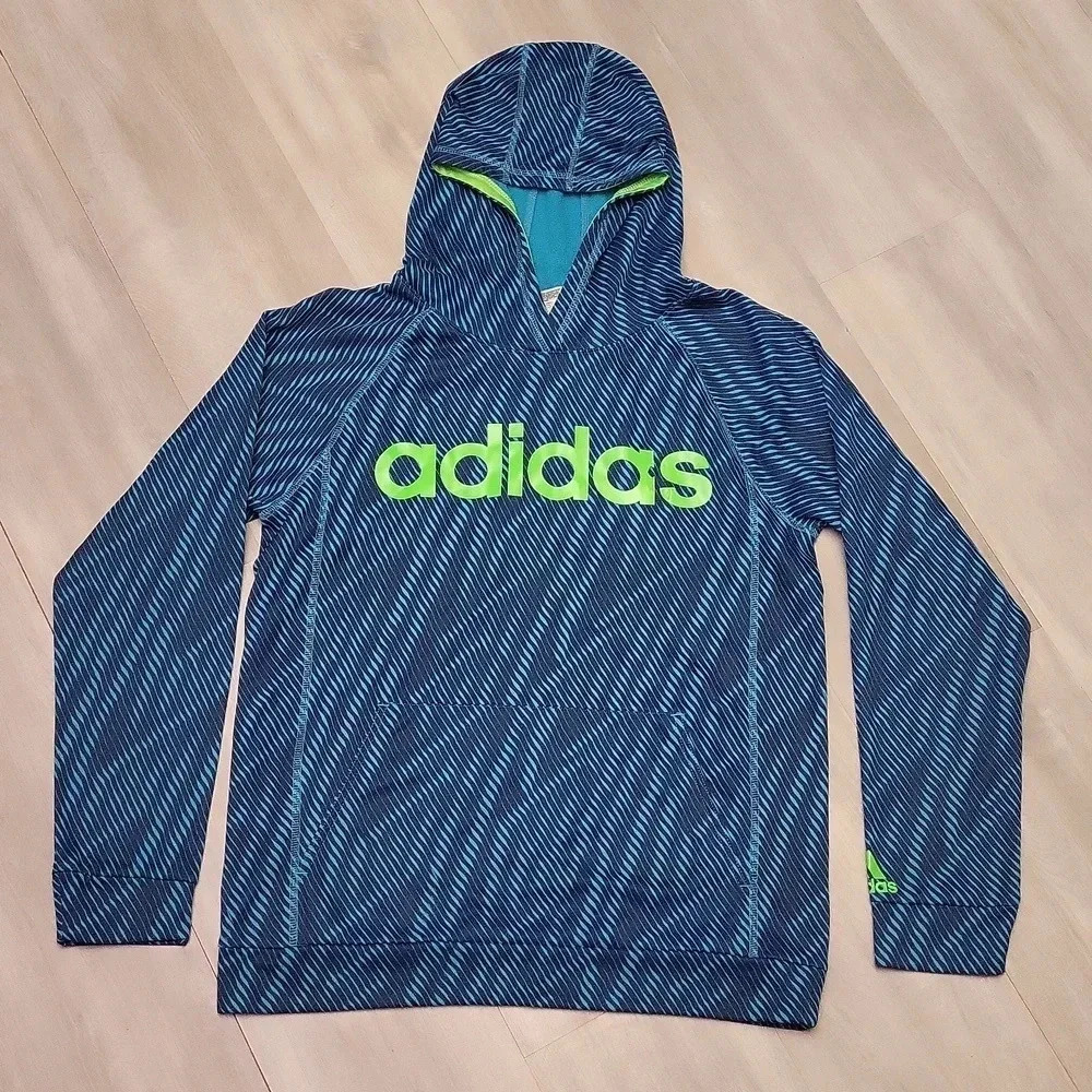 Adidas Blue Teal Wavy Pattern Hooded Long Sleeve Sweatshirt Youth Size XL